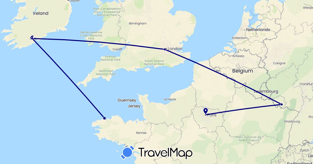 TravelMap itinerary: driving in Germany, France, United Kingdom, Ireland (Europe)